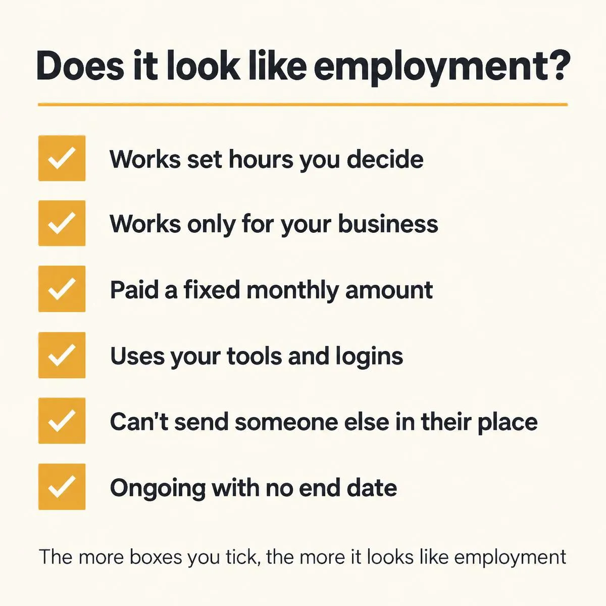 Checklist titled Does it look like employment, listing set hours, works only for your business, fixed monthly pay, uses your tools, cannot send a substitute, ongoing with no end date