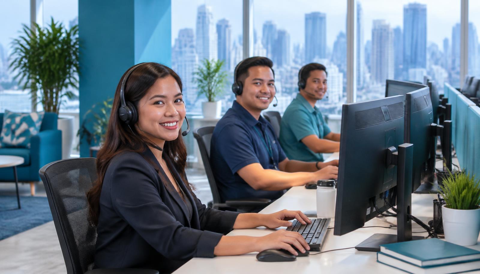 Customer support agents wearing headsets at desks in a bright Manila office