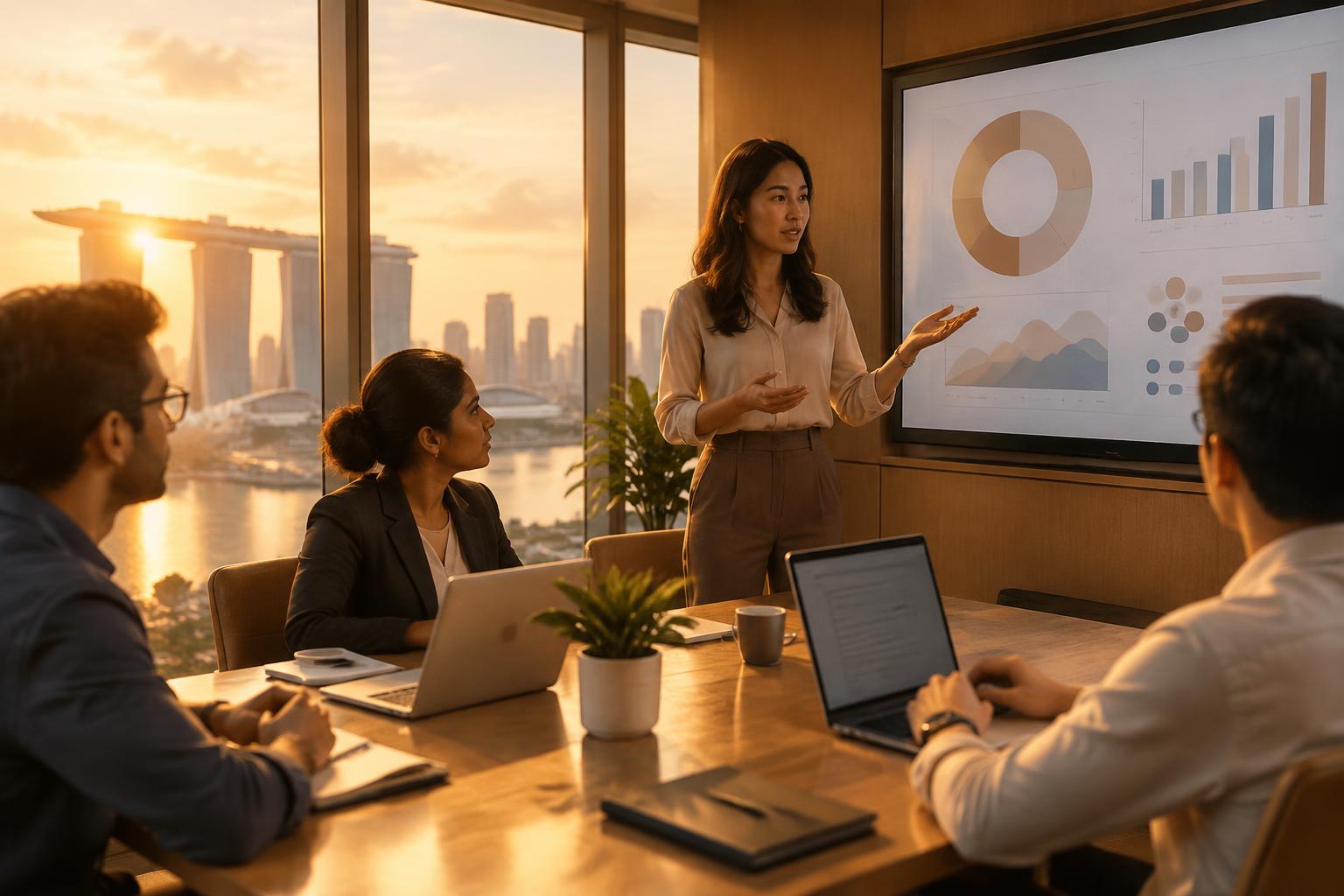 A Sprint Labs team meeting in a Singapore office at sunset, with one person presenting charts on a wall screen